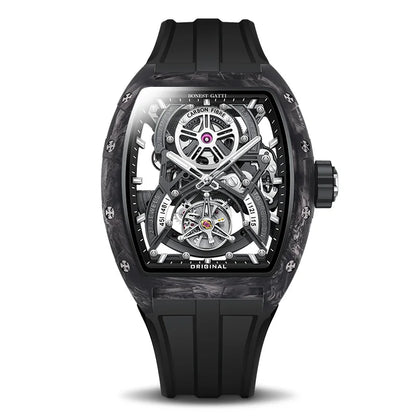 BONEST GATTI 2025 New Luxury Men Automatic Mechanical Tourbillon Skeleton Carbon Fiber Luminous Barrel Case Wristwatch