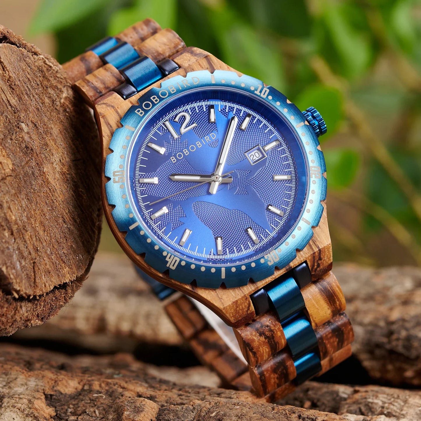 BOBOBIRD 2025 New Design Wooden Quartz Watch for Men Natural Wood Blue 43mm Dial Automatic Date Wristwatch Male for Men's gift