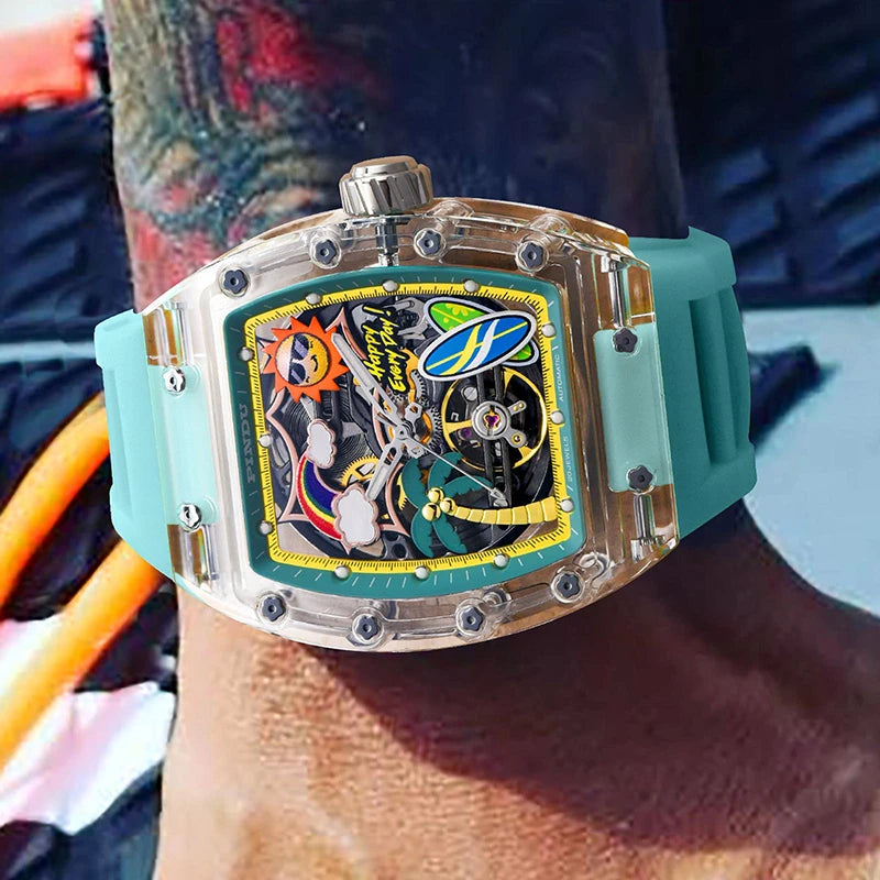 PINDU Watch Unique Dial Design Style Men Mechanical Watch Summer Beach Fashion Watch Glowing Waterproof Resin Automatic Watches