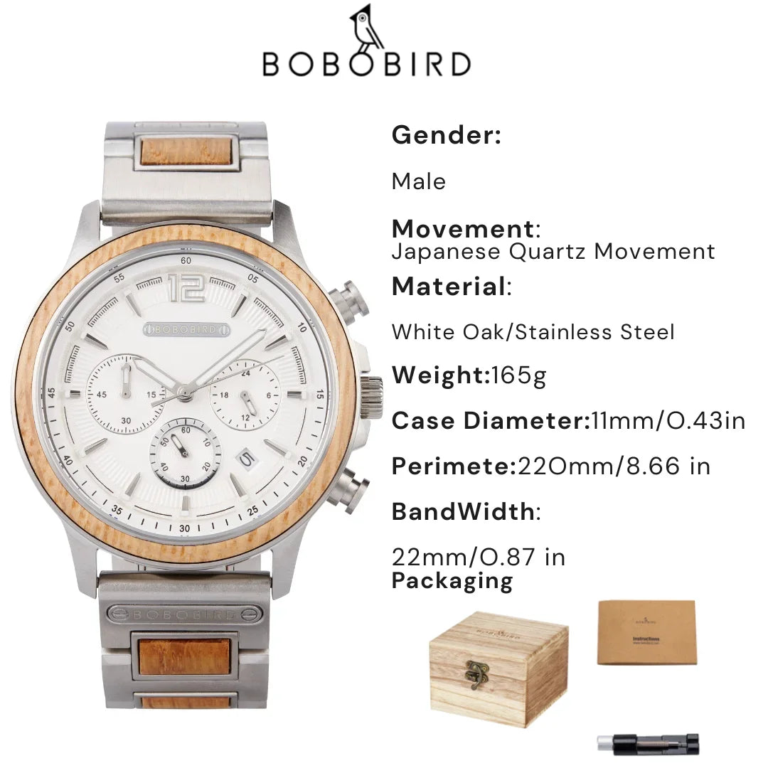 BOBOBIRD High Quality Men's Wood Watch Quartz Chronograph with Date Stainless Steel Wristwatch Gift for Him Support Dropshipping