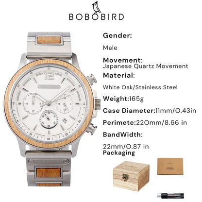 BOBOBIRD High Quality Men's Wood Watch Quartz Chronograph with Date Stainless Steel Wristwatch Gift for Him Support Dropshipping