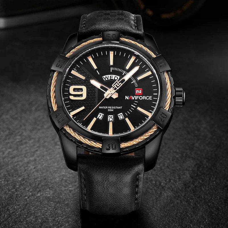 New NAVIFORCE Men's Watch Quartz Waterproof Shockproof Leather Band Wristwatch Fashionable Luxury Business Male Clock NF9117L