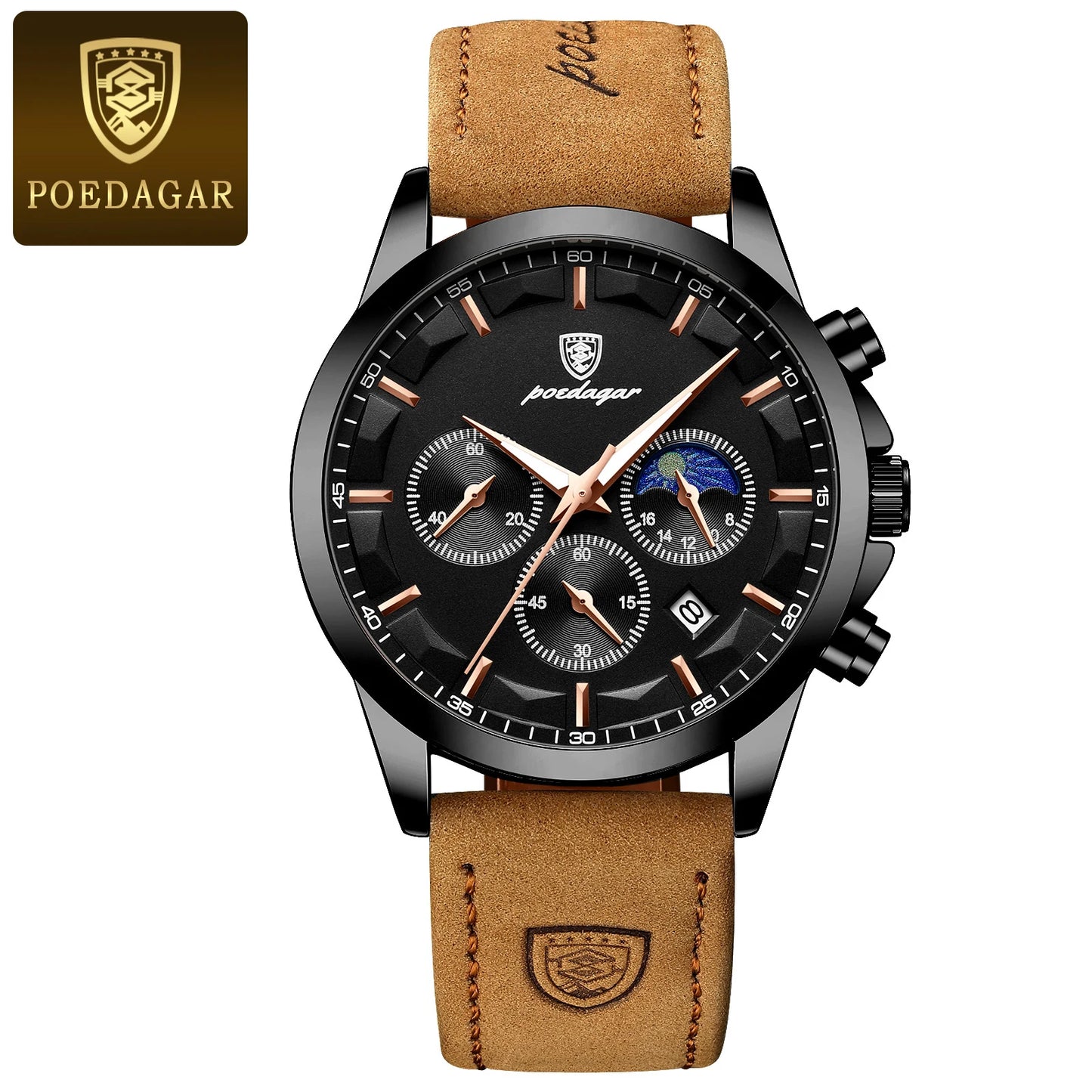 POEDAGAR Original Military Men Clock Waterproof Luminous Leather Quartz Man Watch Chronograph Date Luxury Business Men's Watches