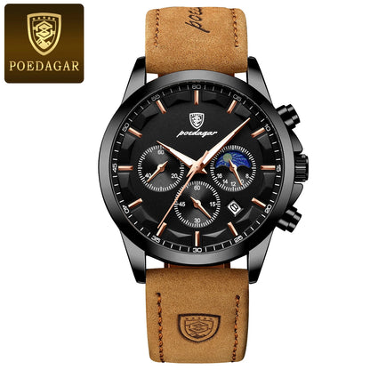 POEDAGAR Original Military Men Clock Waterproof Luminous Leather Quartz Man Watch Chronograph Date Luxury Business Men's Watches