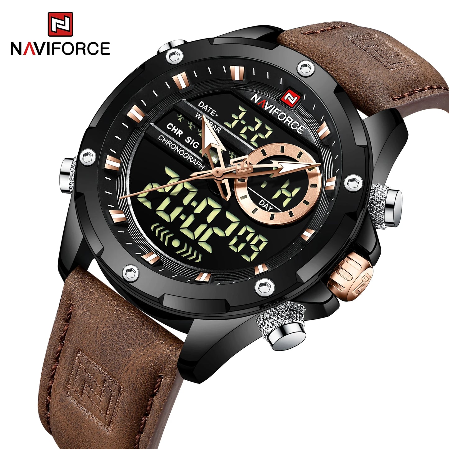 Naviforce Mens Original Watches 2025 Men Fashion Sports Waterproof Luxury Corium Strap Men Wristwatch with Calendar Dual Display