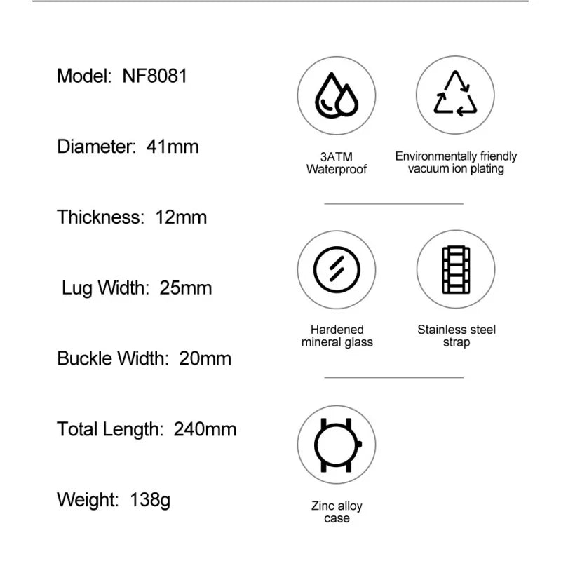 NAVIFORCE Men's Quartz Watch Multifunctional Calendar Stopwatch Luminous 30ATM Waterproof Stainless Steel Band Wristwatch