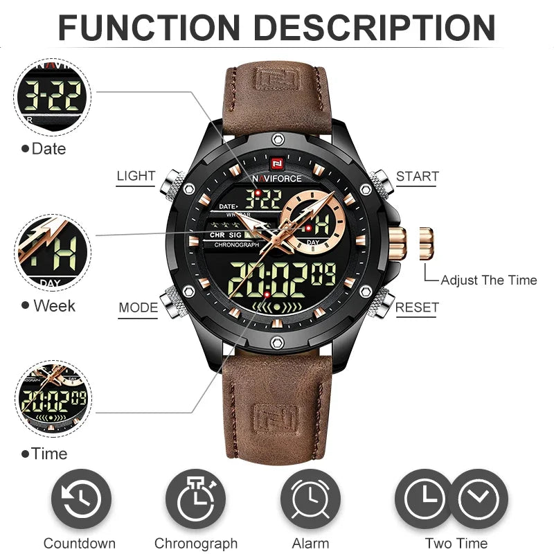 NAVIFORCE NF9208 Digital Men Military Watch Waterproof Wristwatch LED Quartz Clock Sport Big Watches